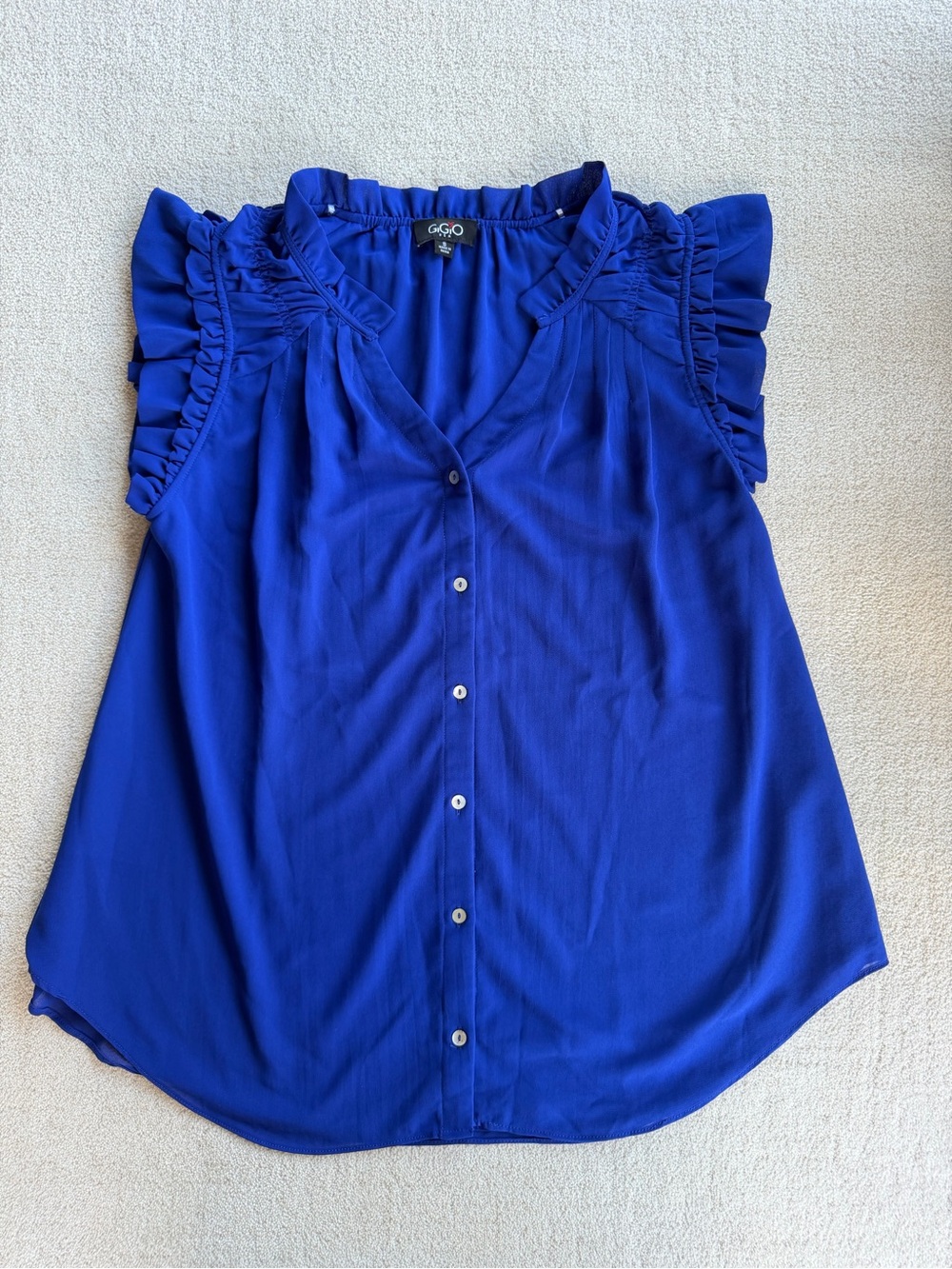 GIGIO USA Womens Small Royal Blue Ruffle Sleeve Button Front Blouse Top